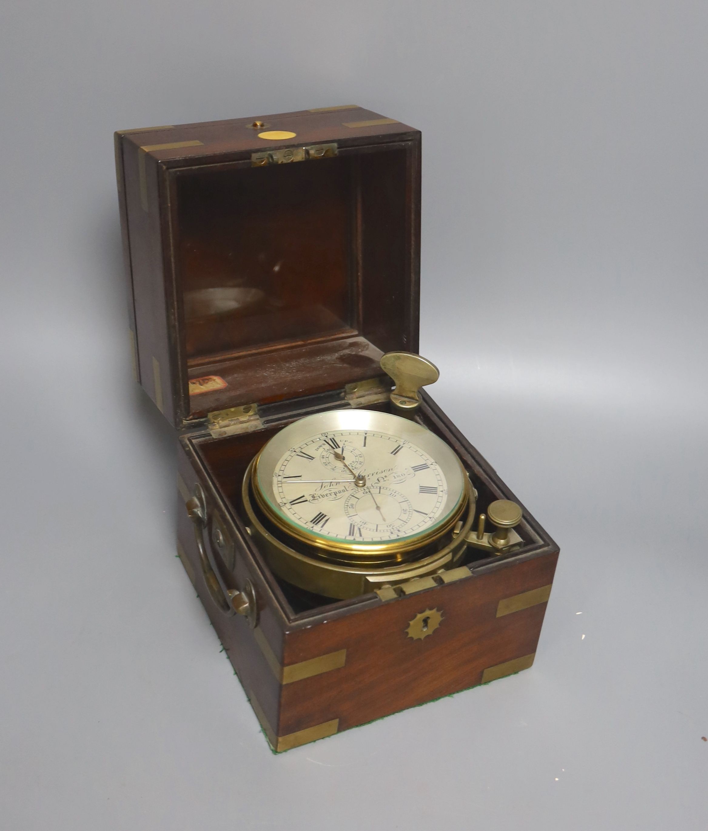A Victorian mahogany and brass mounted marine chronometer, John Harrison, Liverpool No 180, 17.5cm